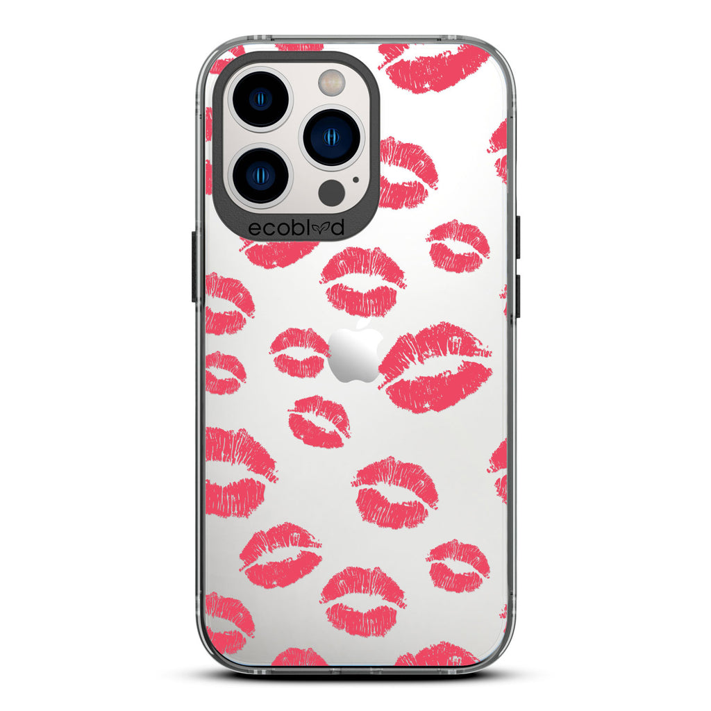 Bisou - Black Compostable iPhone 12 & 13 Pro Max Case - Multiple Red Lipstick Kisses On A Clear Back