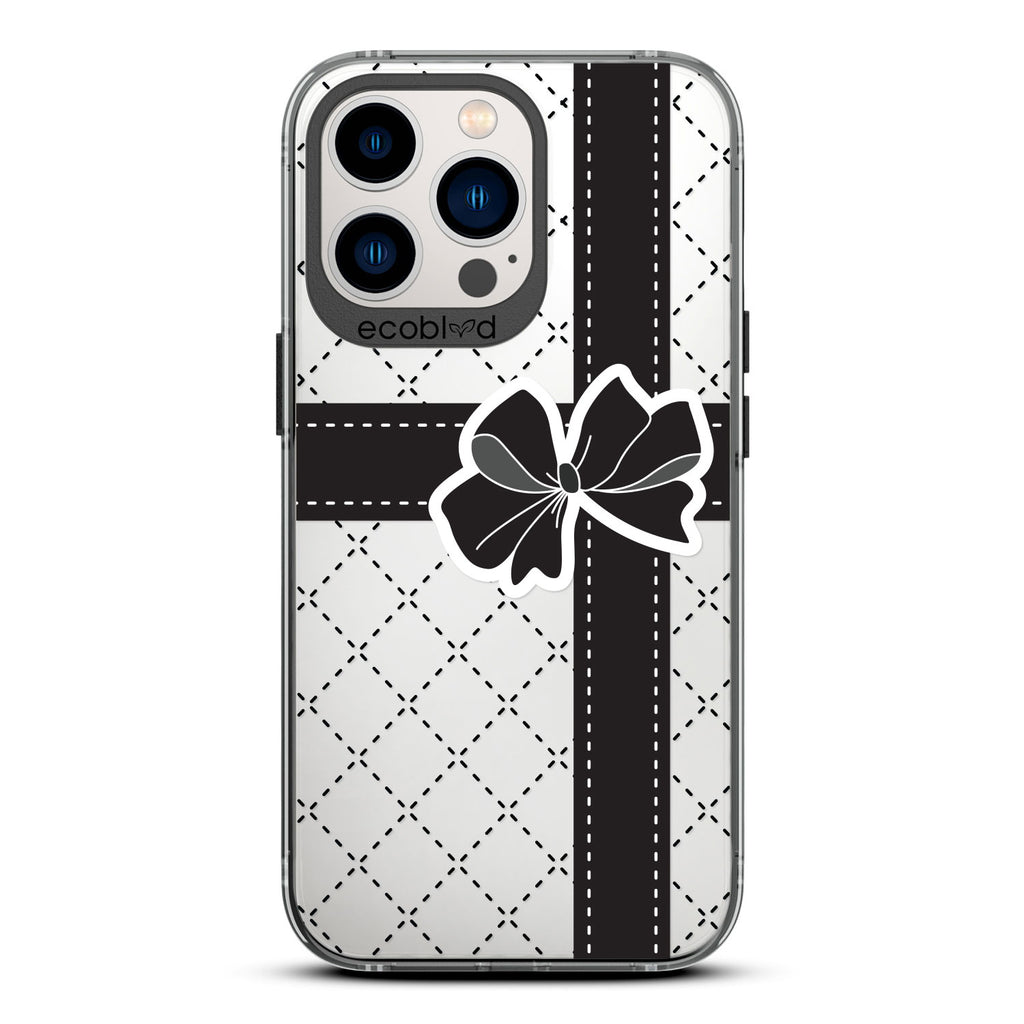 Love Collection - Black Compostable iPhone 13 Pro  Case - Argyle Print Wrap With Black Ribbon & Black Bow On A Clear Back