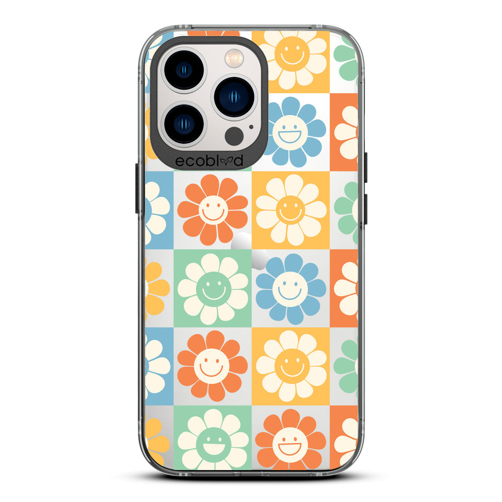 Spring Collection - Black Compostable iPhone 12/13 Pro Max Case - 70's Gingham Cartoon Flowers W/ Smiley Faces On Clear Back
