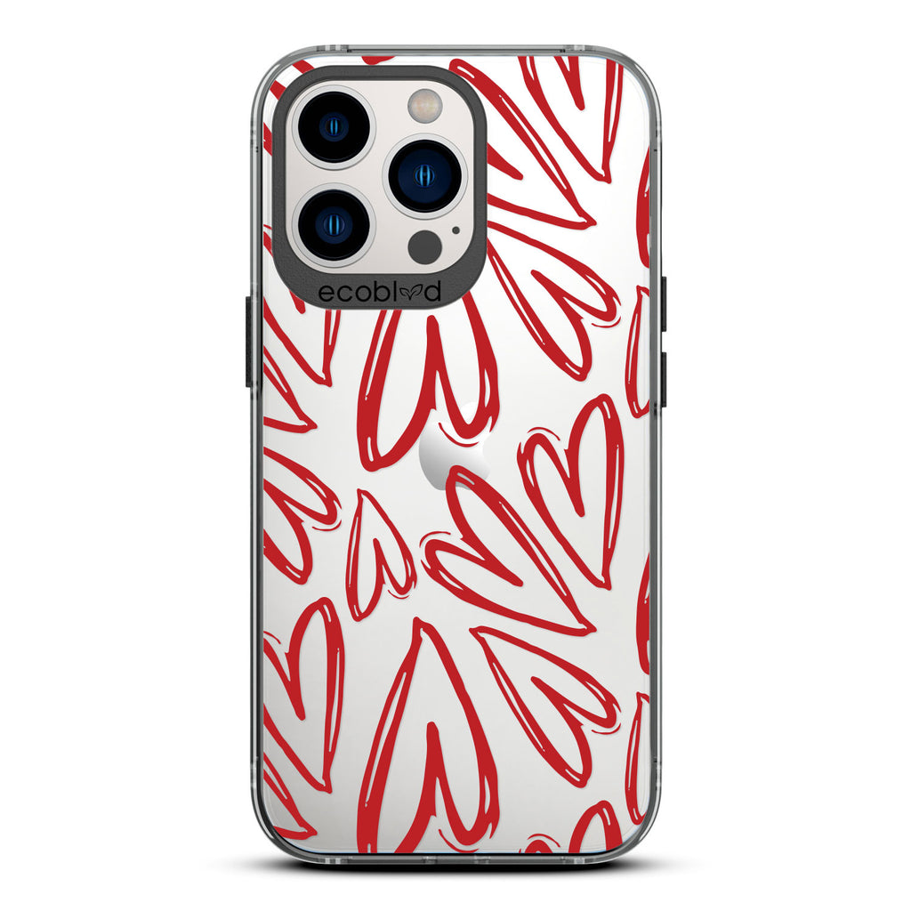 Love Collection - Black Compostable iPhone 12 & 13 Pro Max Case - Painted / Sketched Red Hearts On A Clear Back