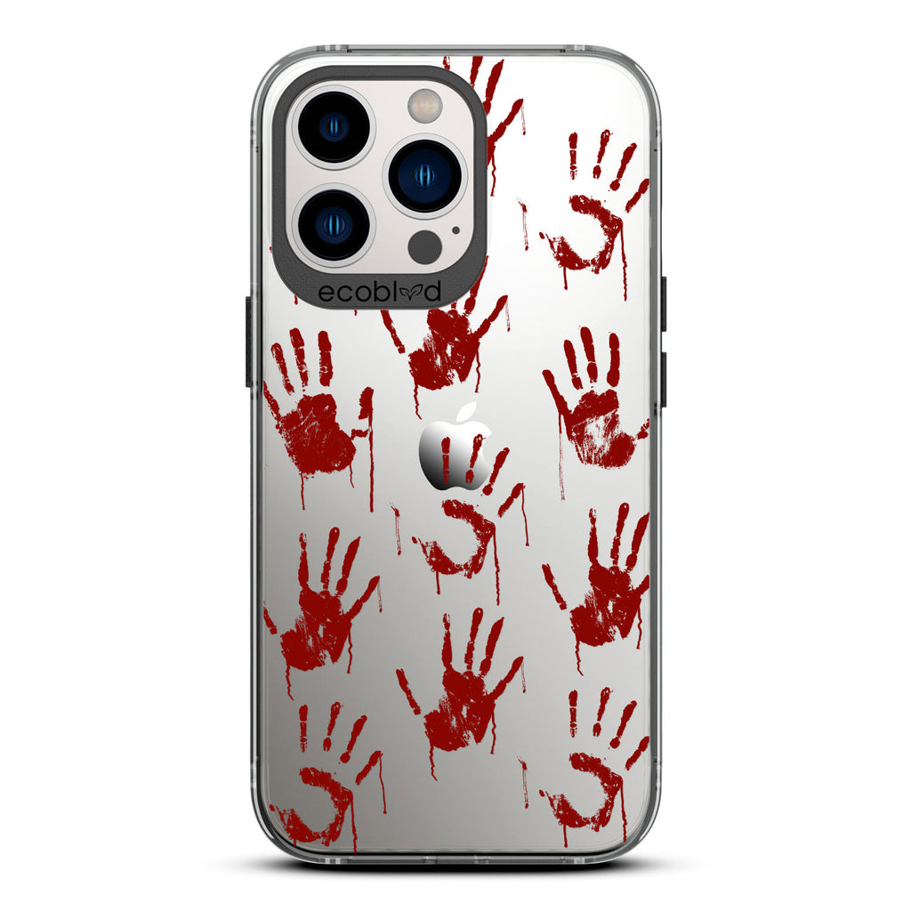 Halloween Collection - Black Laguna iPhone 13 Pro Case With Red Bloody Handprints On A Clear Back - Compostable