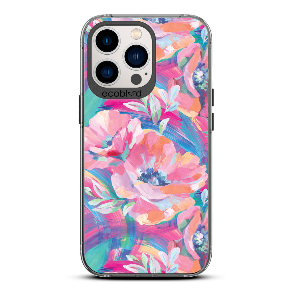 Spring Collection - Black Compostable iPhone 13 Pro Case - Pastel-Colored Abstract Painting Of Poppies On Clear Back