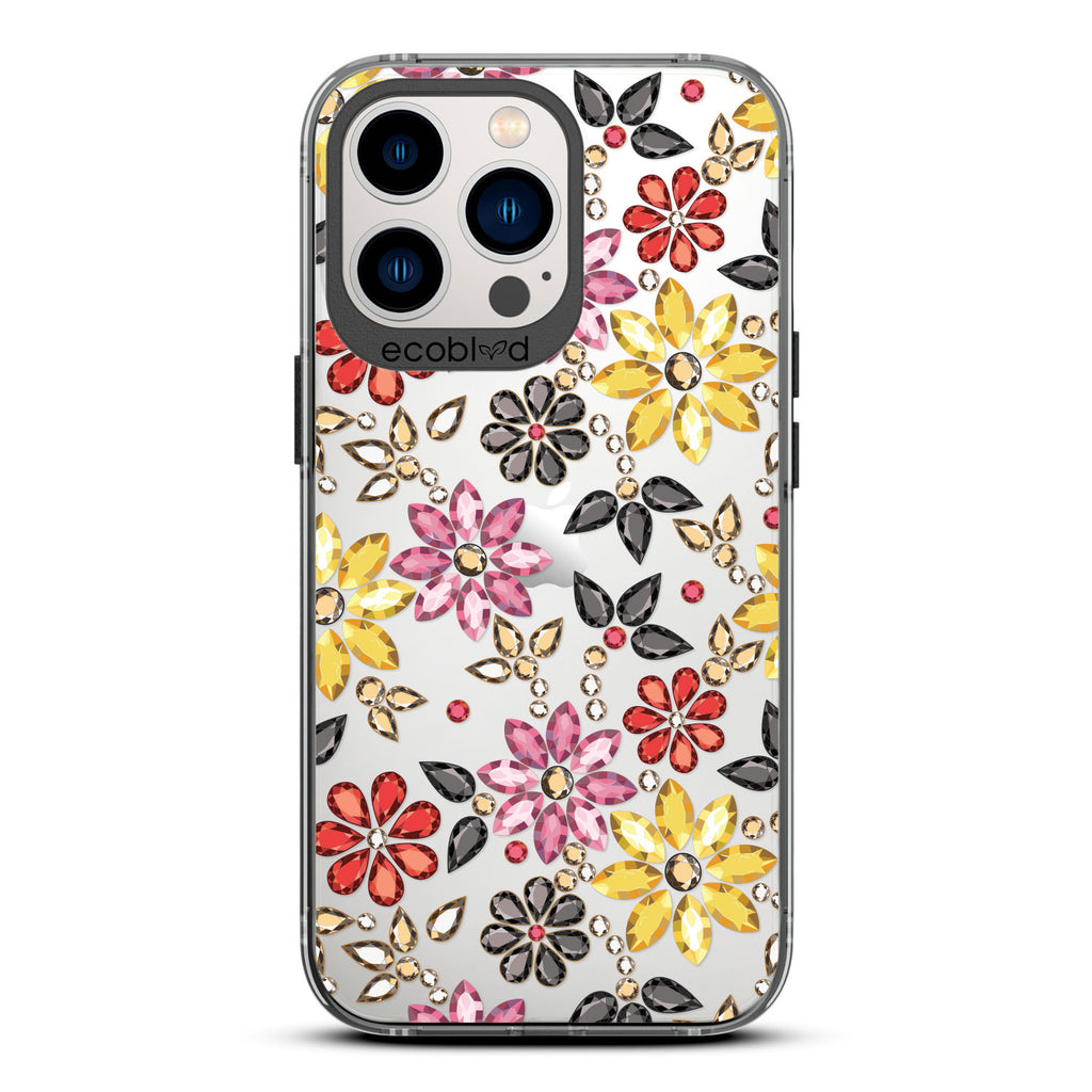 Spring Collection - Black Compostable iPhone 12/13 Pro Max Case - Rhinestone Jewels In Floral Patterns On A Clear Back