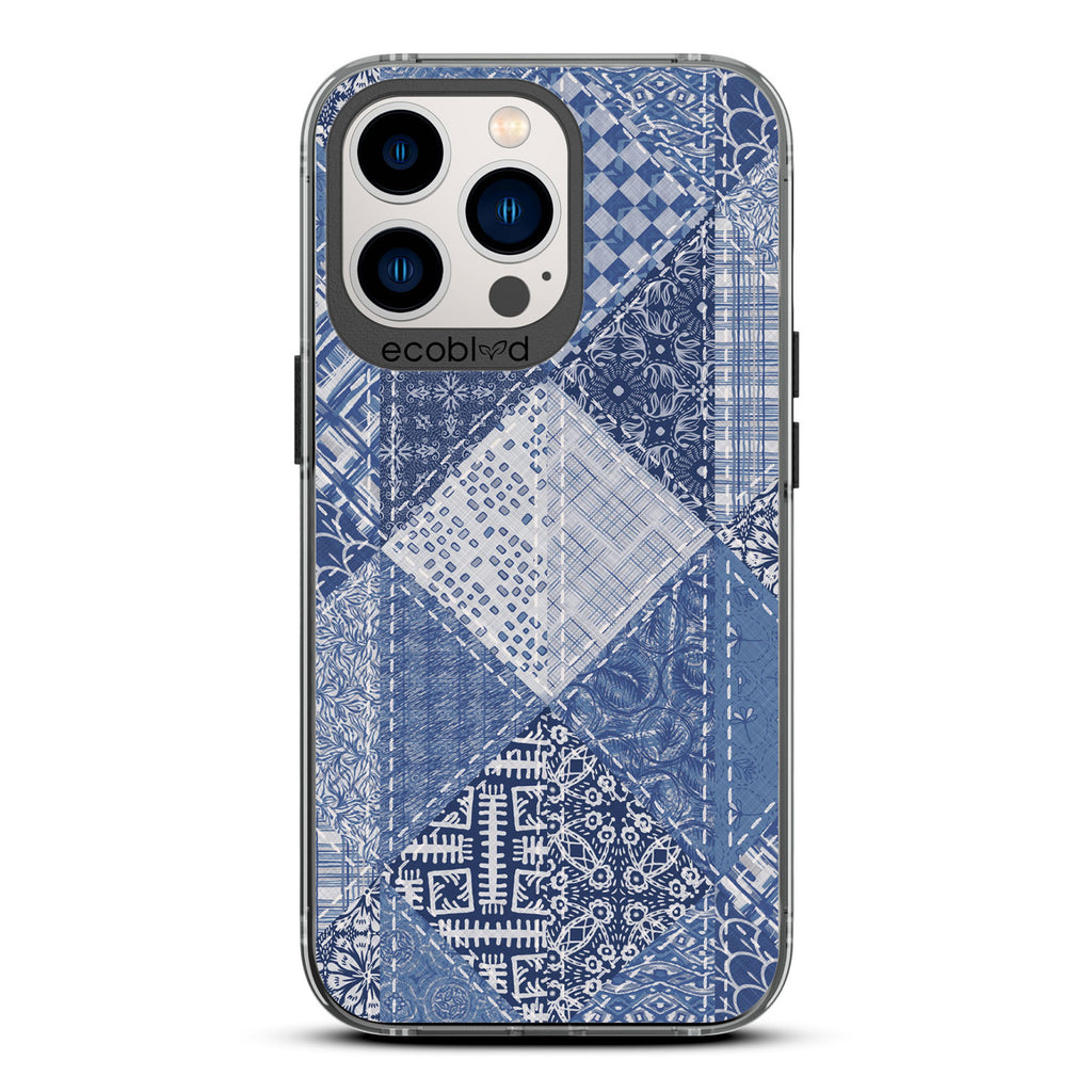 Spring Collection - Black Compostable iPhone 13 Pro Case - Patchwork Blue Denim With Paisley Patches On A Clear Back