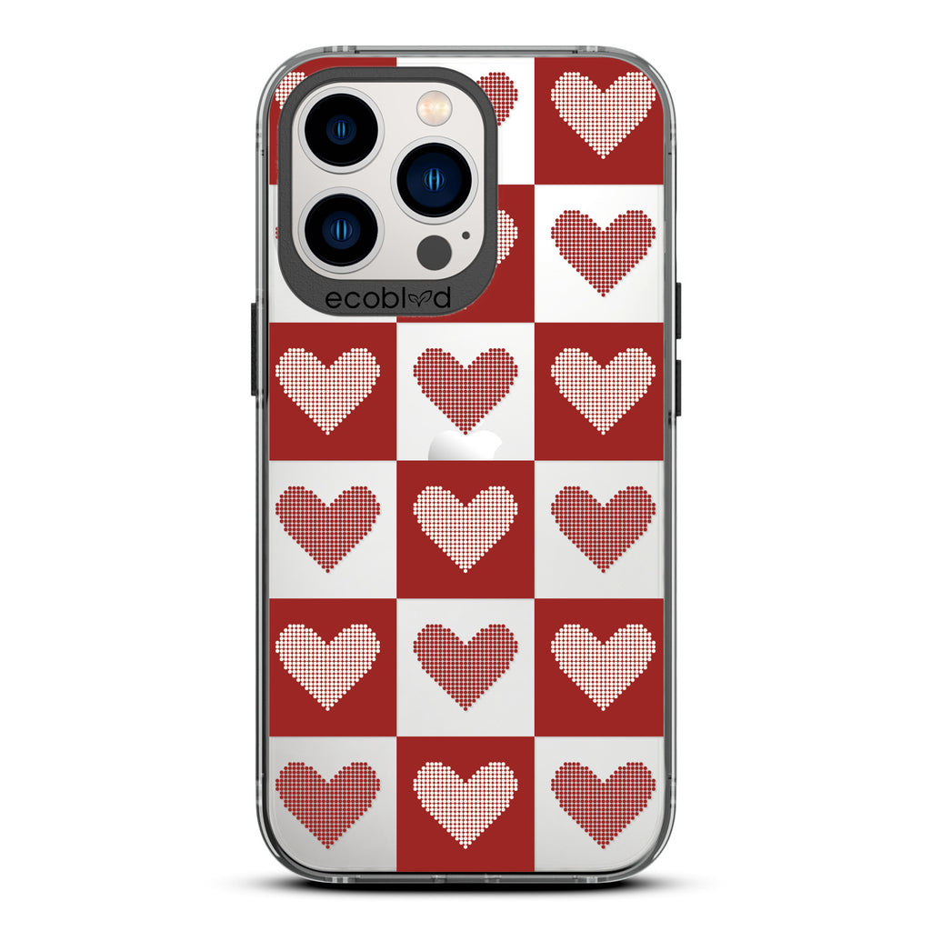 Love Collection - Black Compostable iPhone 13 Pro Case - Red Checkered Print With Knitted Hearts On A Clear Back