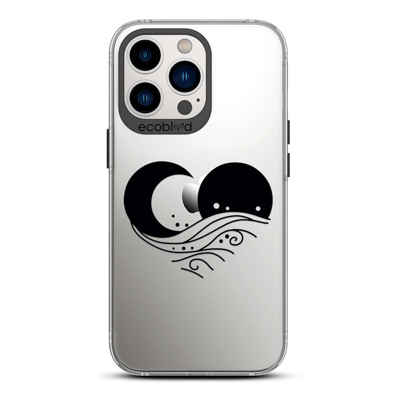 Laguna Collection - Black Compostable iPhone 12 & 13 Pro Max Case With Sun, Moon & A Wave Forming A Heart On A Clear Back 
