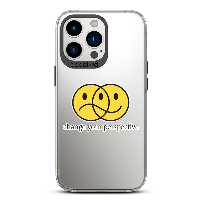 Laguna Collection - Black Compostable iPhone 12 & 13 Pro Max Case With Happy/Sad Face, Change Your Perspective On Clear Back