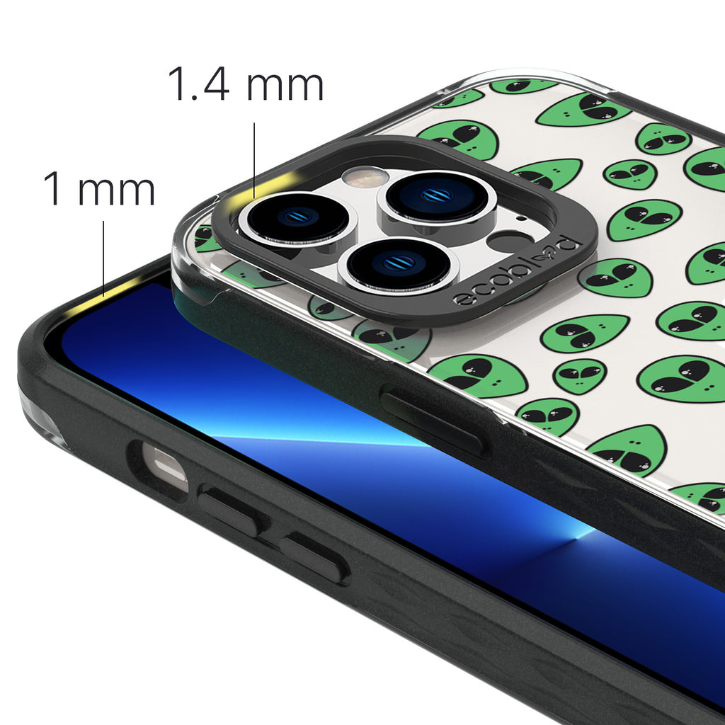 View Of The 1.4mm Raised Camera Ring & 1mm Edges On The Black Eco-Friendly iPhone 13 Pro Laguna Case With The Aliens Design
