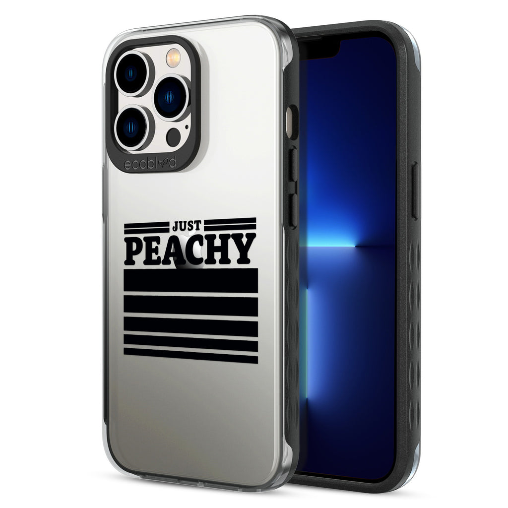 Back View Of The Black Eco-Friendly iPhone 13 Pro Laguna Case With Just Peachy Design & Front View Of The Screen