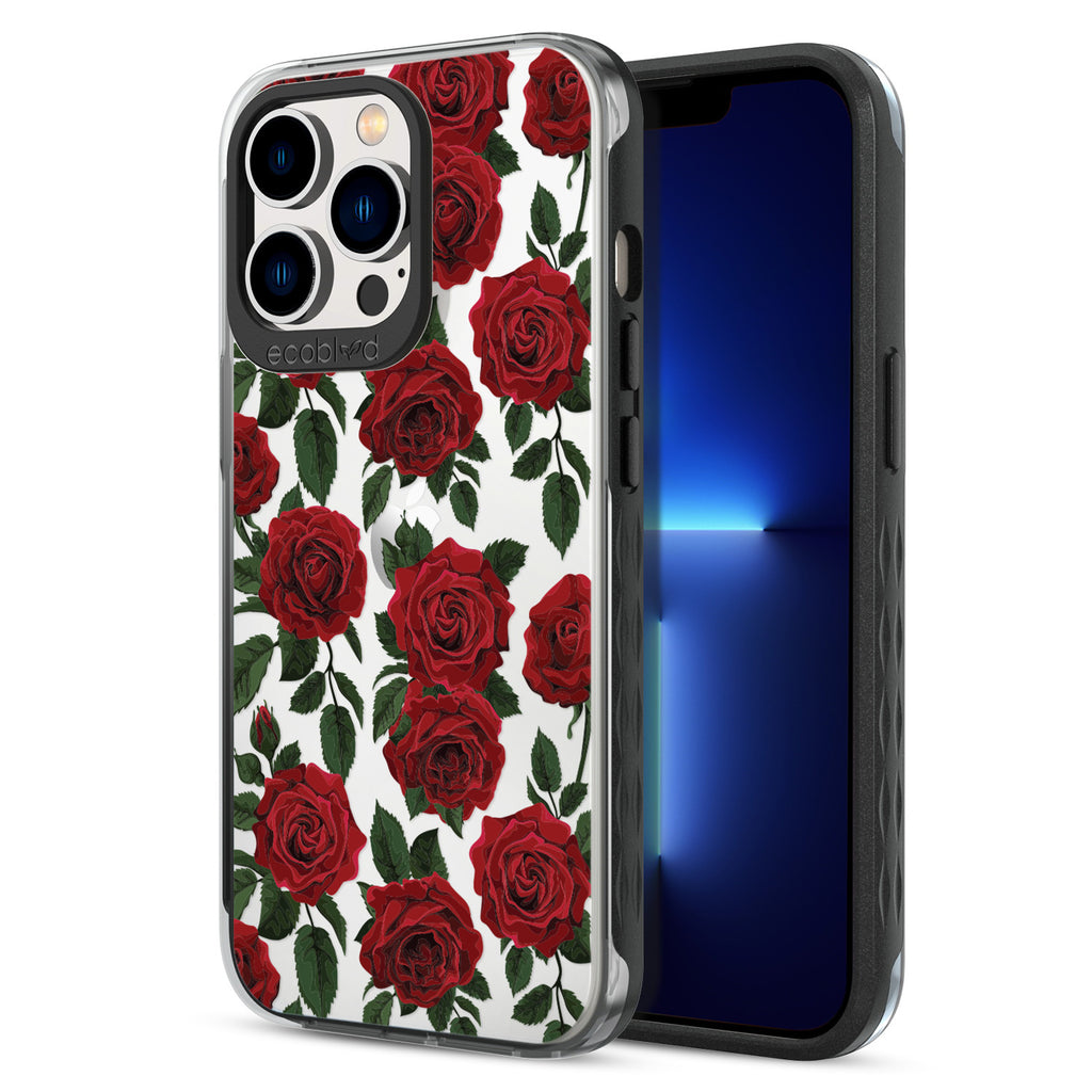 Back View Of Black Eco-Friendly iPhone 12 & 13 Pro Max Clear Case With The Smell The Roses Design & Front View Of Screen