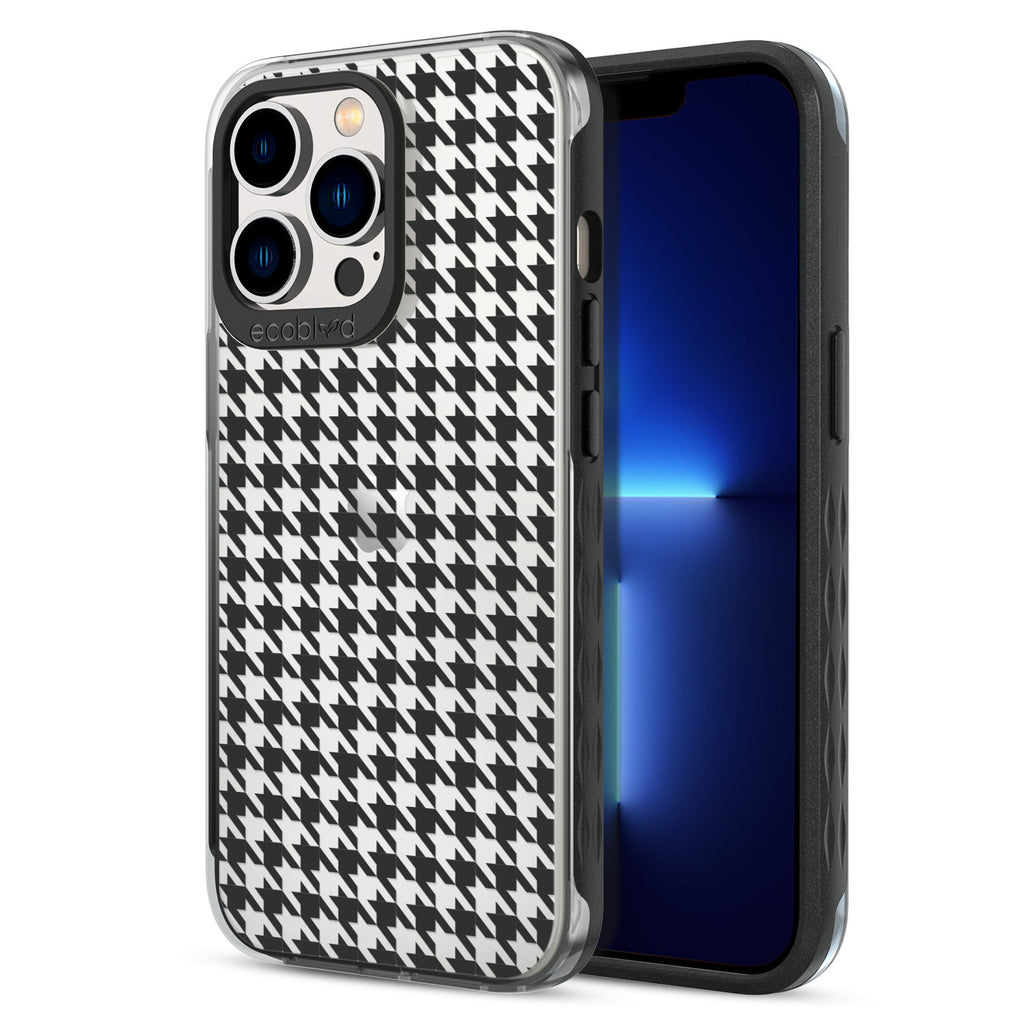 Back View Of Eco-Friendly Black iPhone 12 & 13 Pro Max Timeless Laguna Case With Houndstooth Design & Front View Of Screen