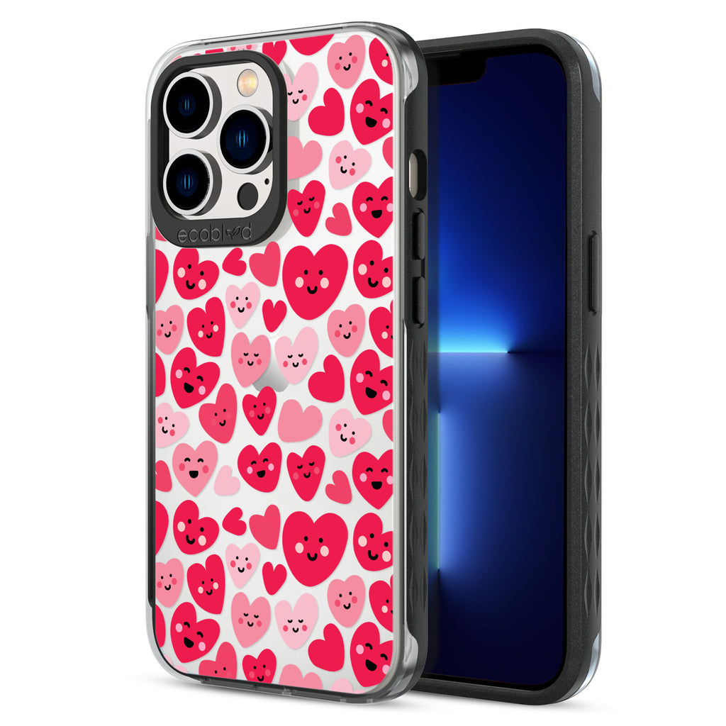 Back View Of Black Eco-Friendly iPhone 13 Pro Clear Case With The Happy Hearts Design & Front View Of Screen