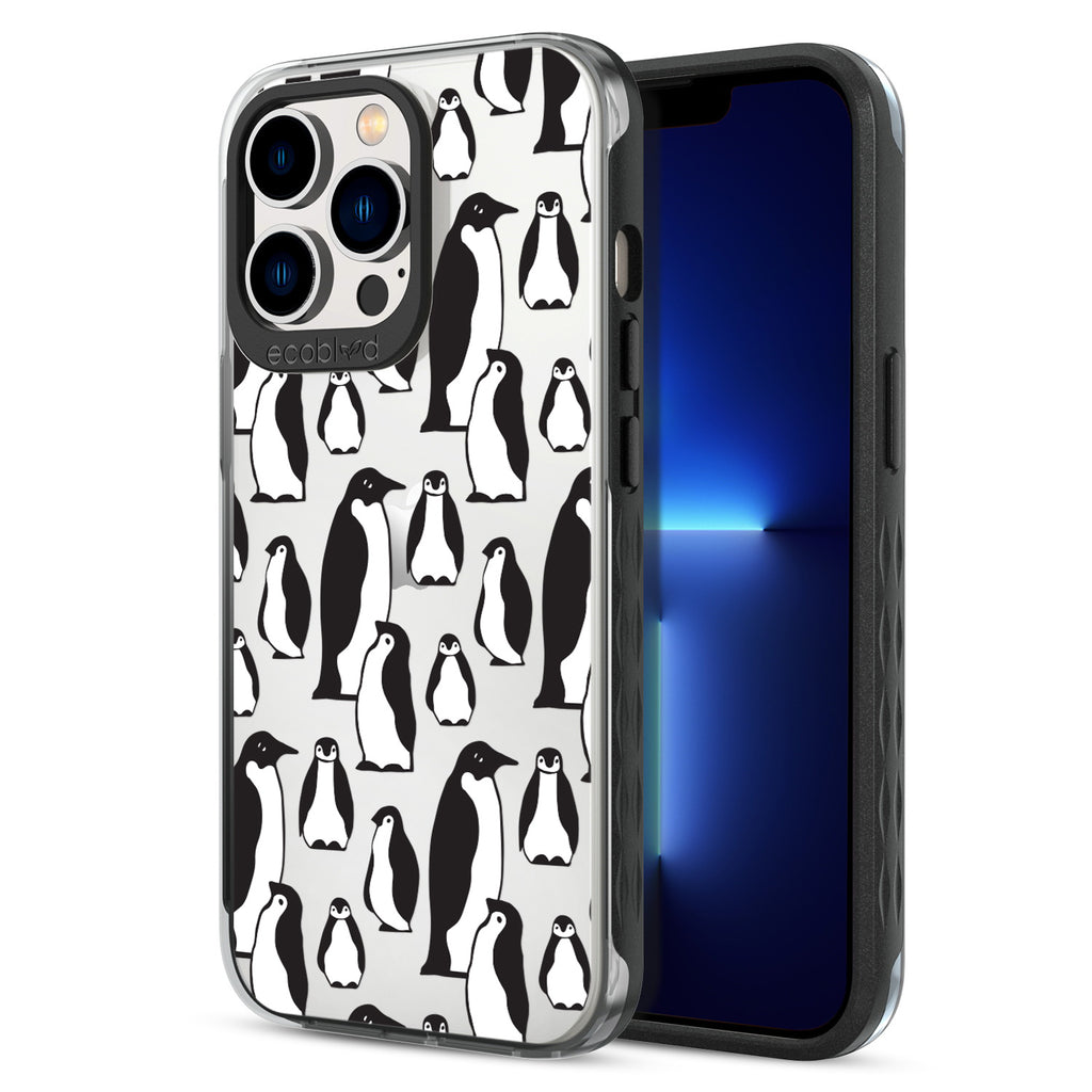 Back View Of Eco-Friendly Black iPhone 13 Pro Winter Laguna Case With The Penguins Design & Front View Of The Screen