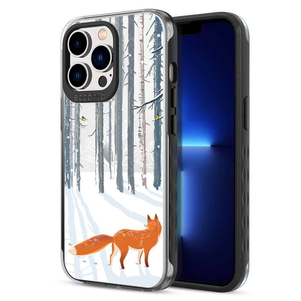 Back View Of Black Eco-Friendly iPhone 12 & 13 Pro Max Clear Case With Fox Trot In The Snow Design & Front View Of Screen