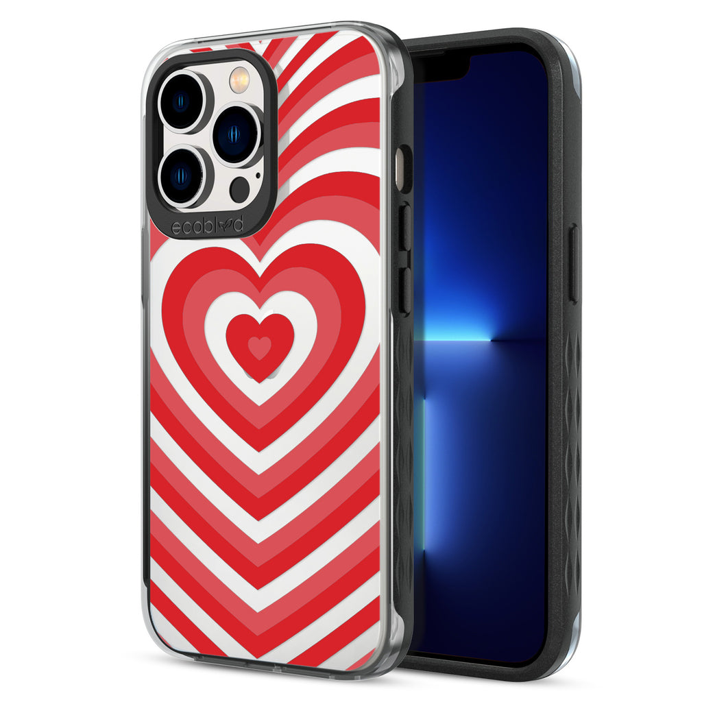 Back View Of Black Eco-Friendly iPhone 13 Pro Clear Case With The Tunnel Of Love Design & Front View Of Screen