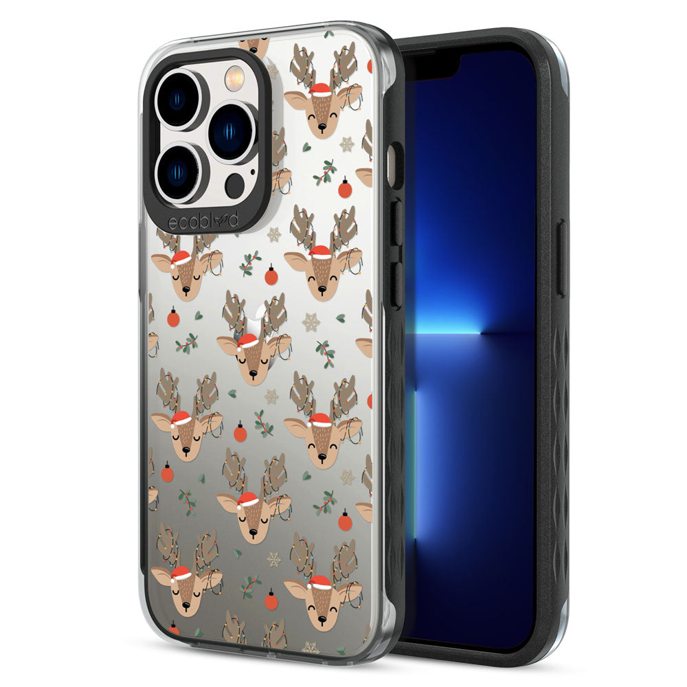 Back View Of Black Compostable iPhone 12 & 13 Pro Max Winter Laguna Case With The Oh Deer Design & Front View Of The Screen