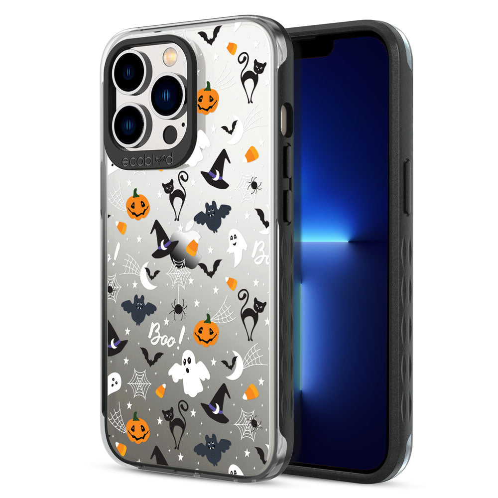 Back View Of Black Laguna Halloween iPhone 13 Pro Case With The Trick R' Treat Ya Self Design & Front View Of The Screen