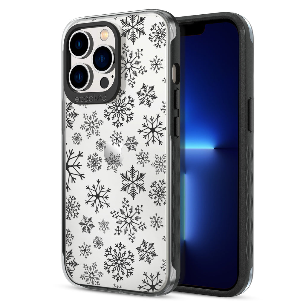 Back View Of Eco-Friendly Black Phone 13 Pro Winter Laguna Case With The Let It Snow Design & Front View Of The Screen