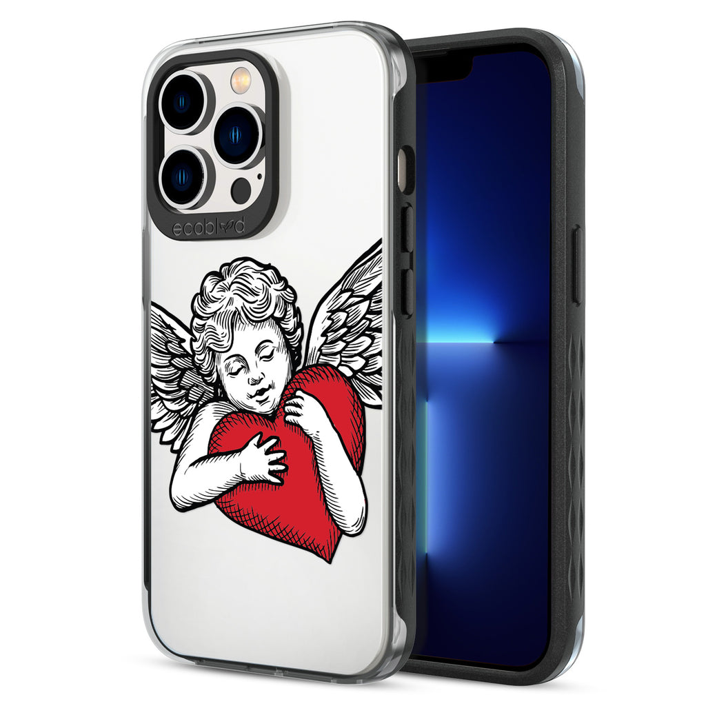 Back View Of Black Eco-Friendly iPhone 12 & 13 Pro Max Clear Case With The Cupid Design & Front View Of Screen