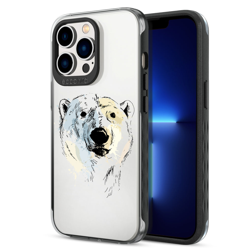 Back View Of Black Eco-Friendly iPhone 13 Pro Clear Case With The Polar Bear Design & Front View Of Screen