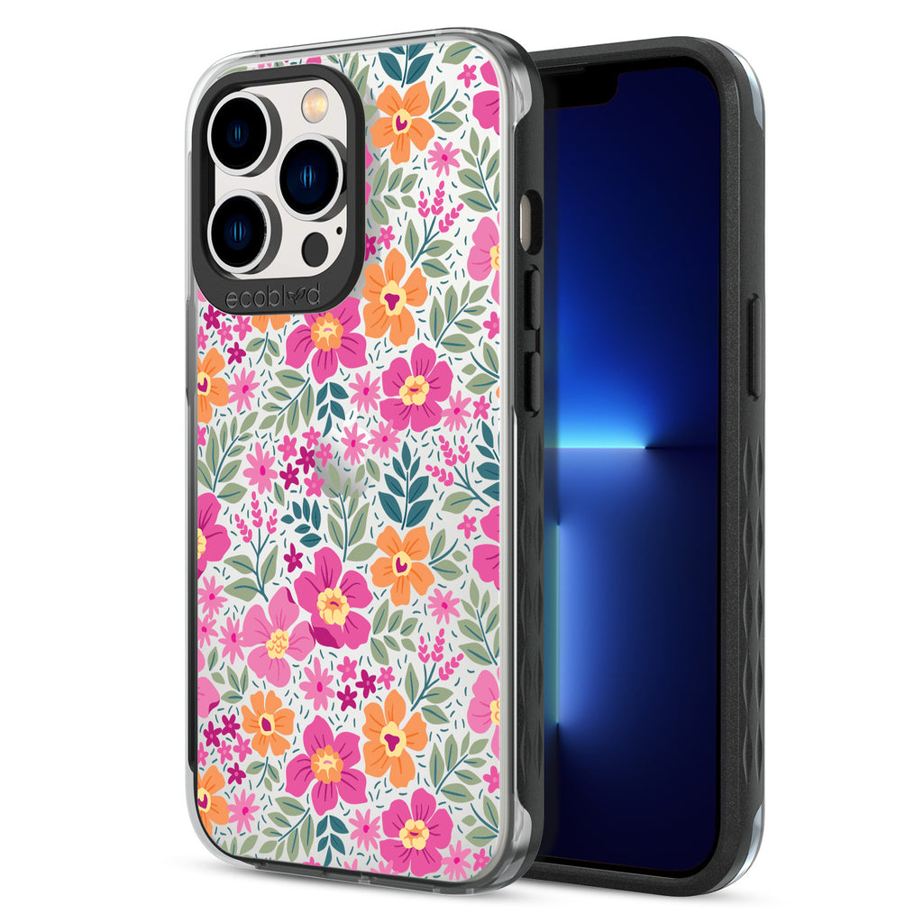 Back View Of Black Eco-Friendly iPhone 13 Pro Clear Case With Wallflowers Design & Front View Of Screen