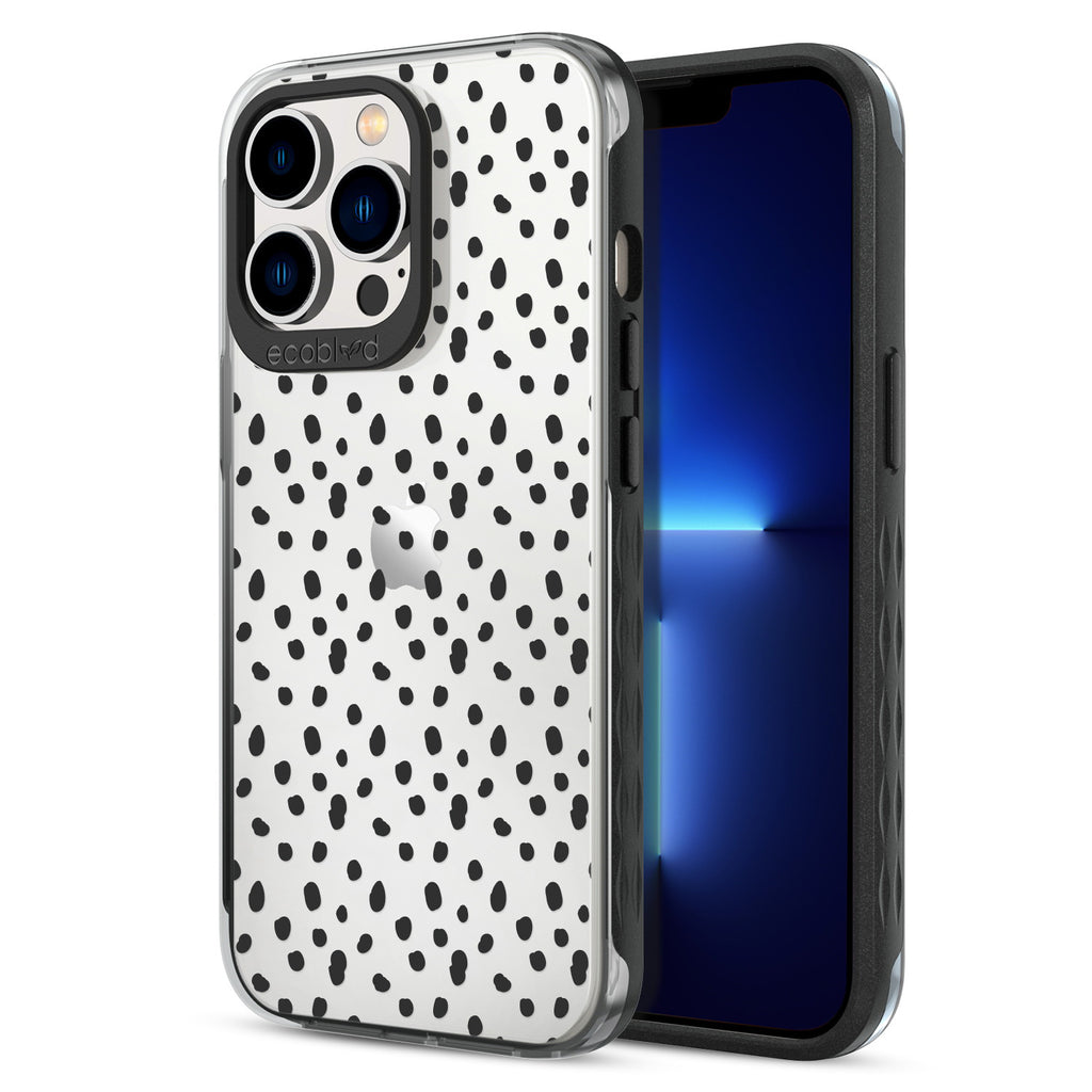 Back View Of Eco-Friendly Black iPhone 12 & 13 Pro Max Timeless Laguna Case With On The Dot Design & Front View Of Screen