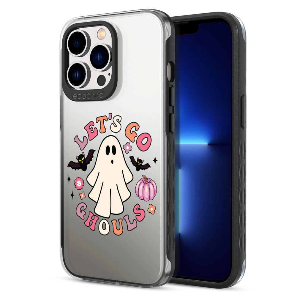 Back View Of Black Laguna Halloween iPhone 13 Pro Max / as Pro Max Case With Let's Go Ghouls Design & Front View Of Screen