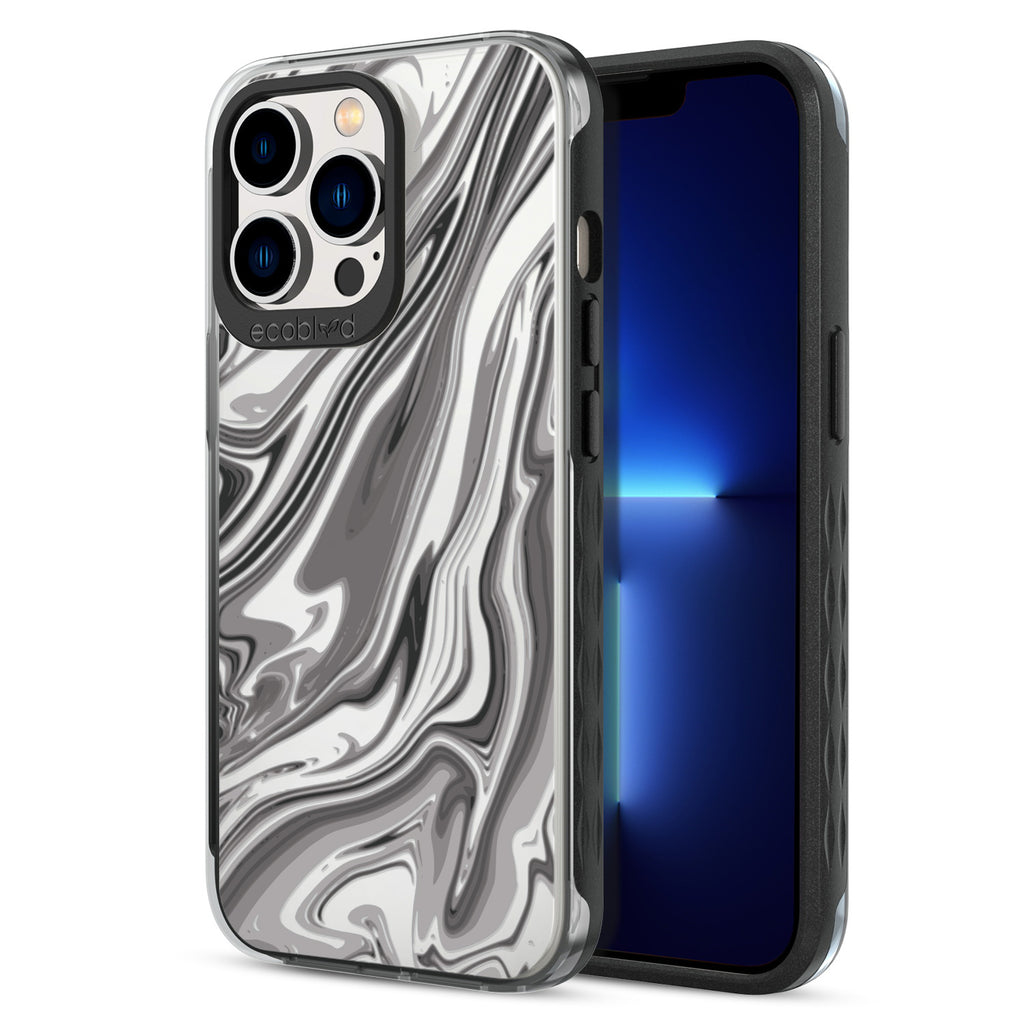 Back View Of Black iPhone 12 & 13 Pro Max Timeless Laguna Case With The Simply Marbleous Design & Front View Of The Screen