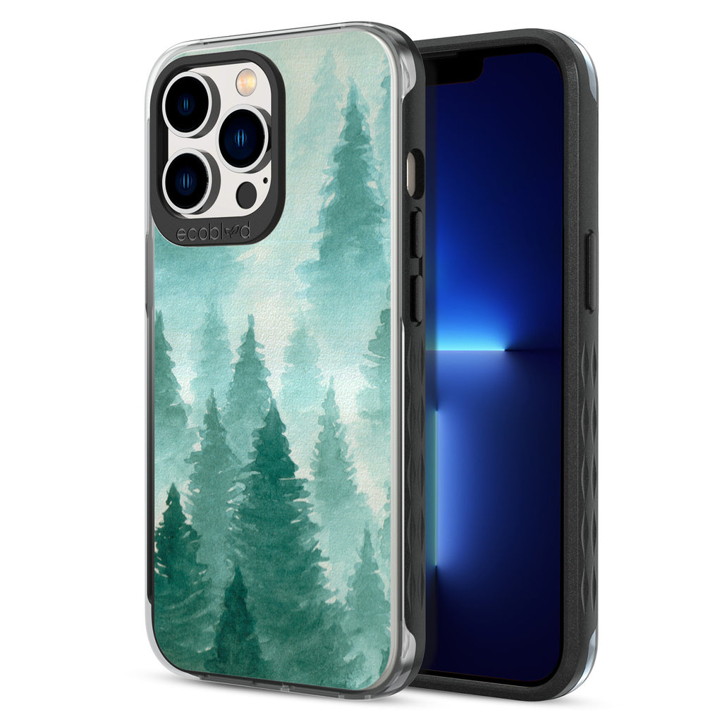 Back View Of Eco-Friendly Black iPhone 12 & 13 Pro Max Winter Laguna Case With A Winter Pine Design & Front View Of Screen