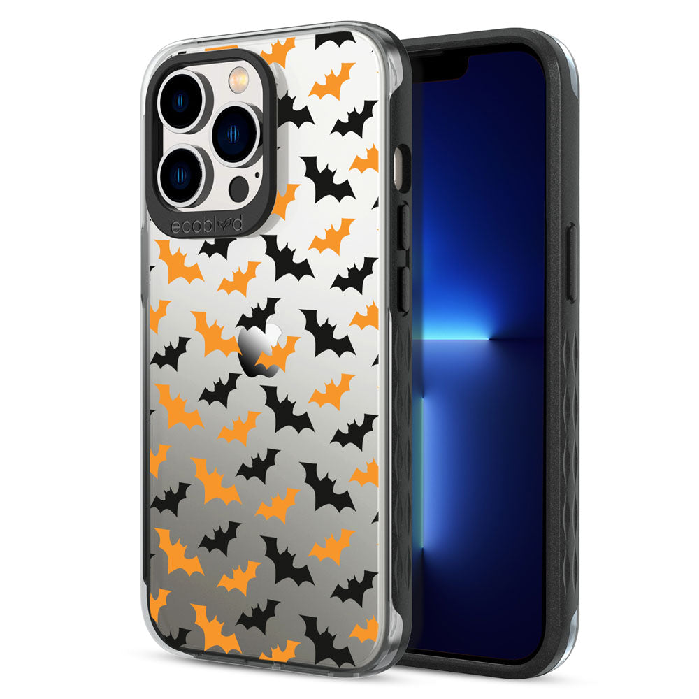Back View Of Black iPhone 13 Pro Halloween Laguna Case With The Going Batty Design & Front View Of The Screen