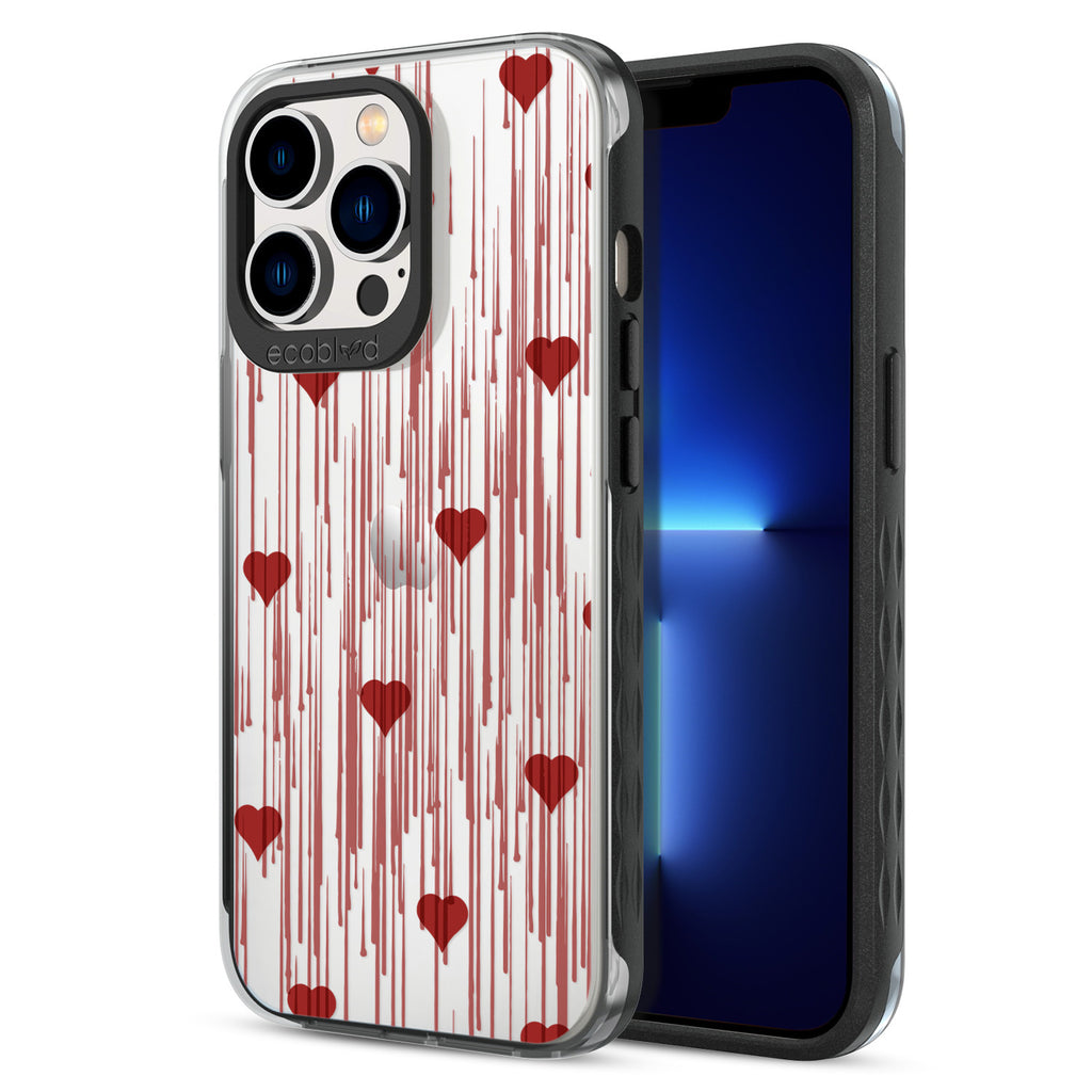 Back View Of Black Eco-Friendly iPhone 13 Pro Clear Case With The Bleeding Hearts Design & Front View Of Screen