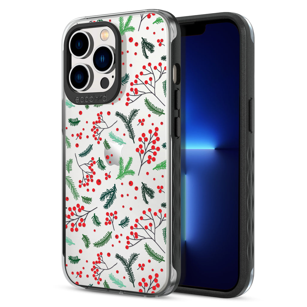 Back View Of Compostable Black Phone 12 & 13 Pro Max Winter Laguna Case With Under The Mistletoe Design & Front View Of Screen