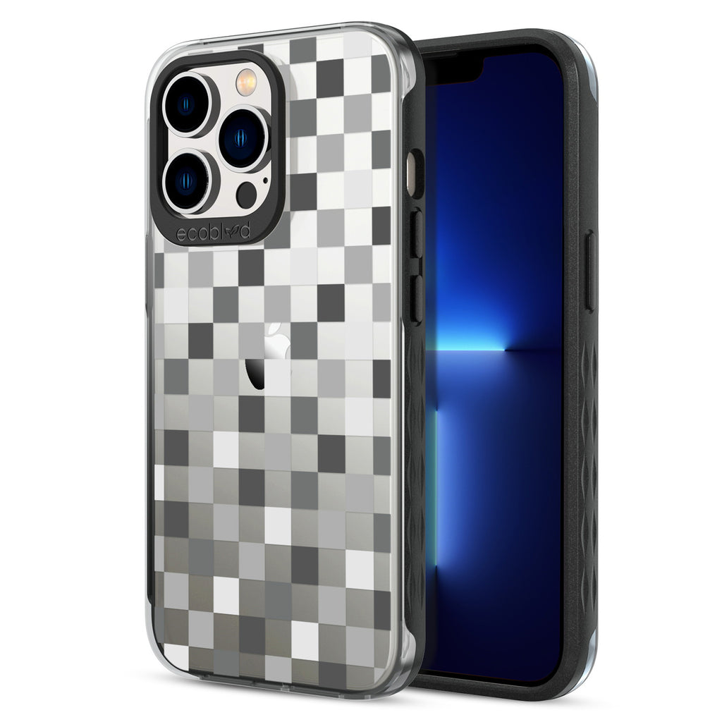 Back View Of Black iPhone 13 Pro Max / 12 Pro Max Laguna Case With Checkered Print On Clear Back And Frontal View Of Screen