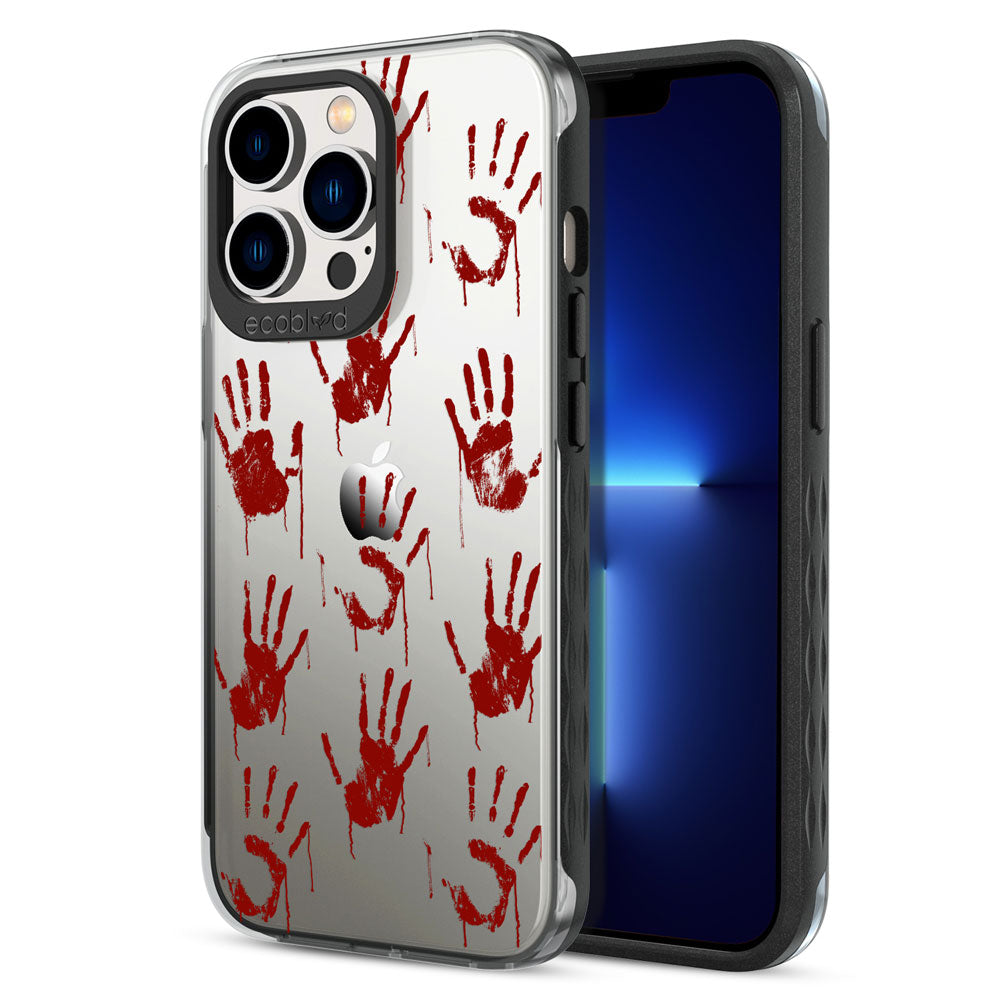 Back View Of The Black iPhone 13 Pro Halloween Laguna Case With The Caught Red Handed Design & Front View Of The Screen