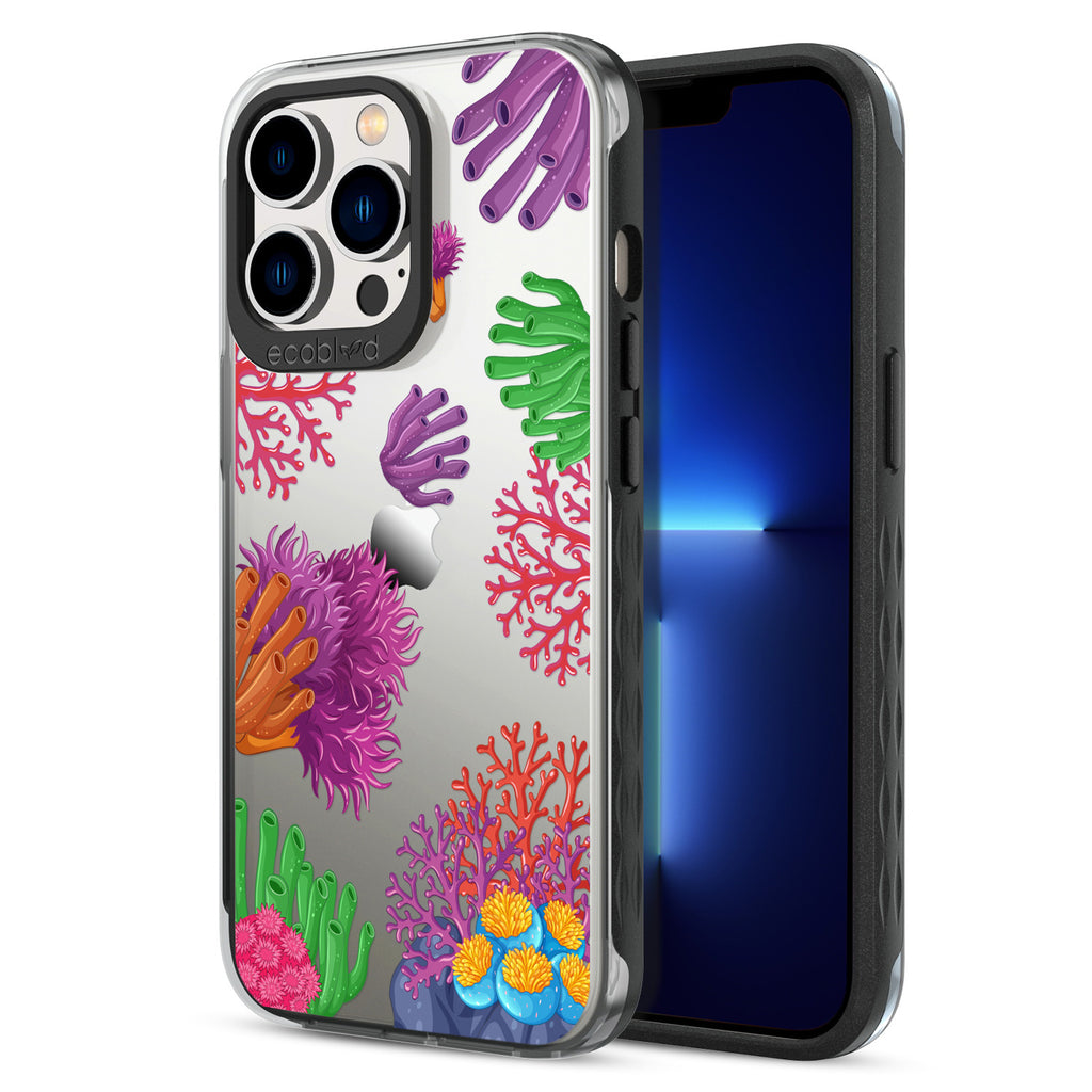 Back View Of Black Compostable iPhone 13 Pro Laguna Case With The Coral Reef Design & Front View Of The Screen