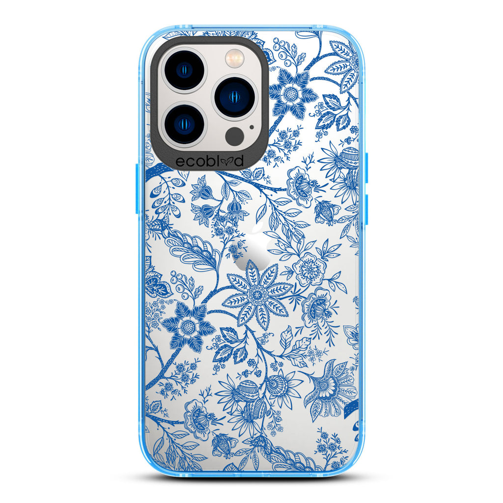 Timeless Collection - Blue Laguna Compostable iPhone 12 & 13 Pro Max Case With Toile De Jouy Floral Pattern On A Clear Back