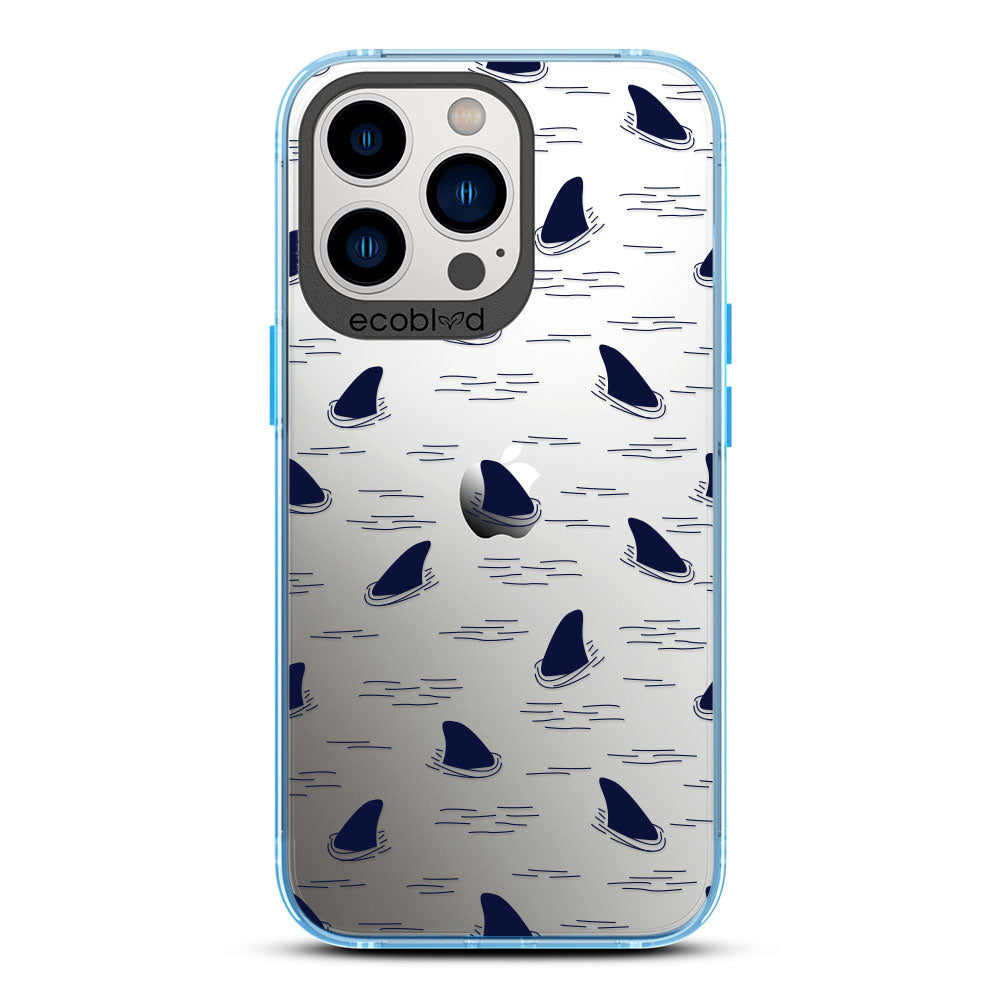 Laguna Collection - Blue iPhone 13 Pro Case With Shark Fins Peeking From Water On A Clear Back - 6FT Drop Protection