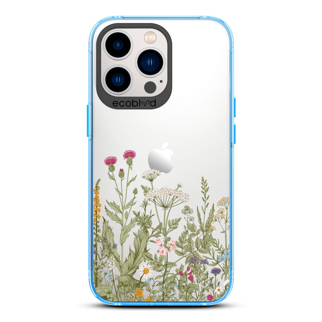 Spring Collection - Blue Compostable iPhone 13 Pro Case - Wild Herbs & Flowers Botanical Herbarium On A Clear Back