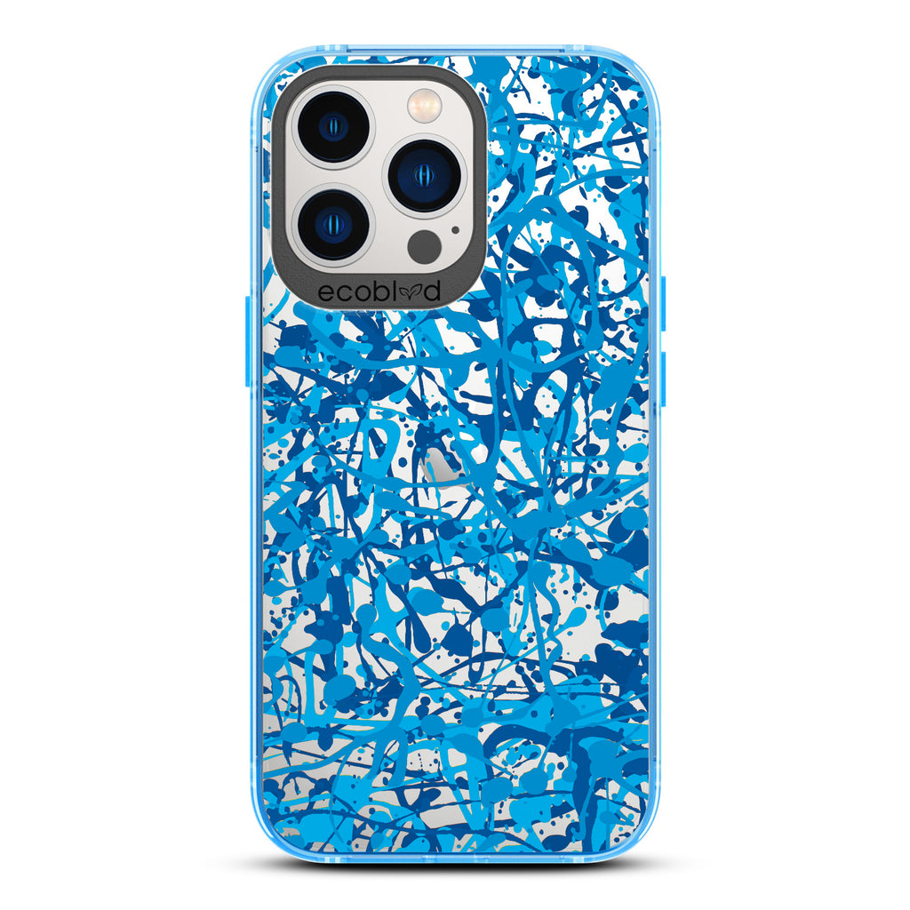 Contemporary Collection - Blue Compostable iPhone 13 Pro Case - Abstract Pollock-Style Painting On A Clear Back