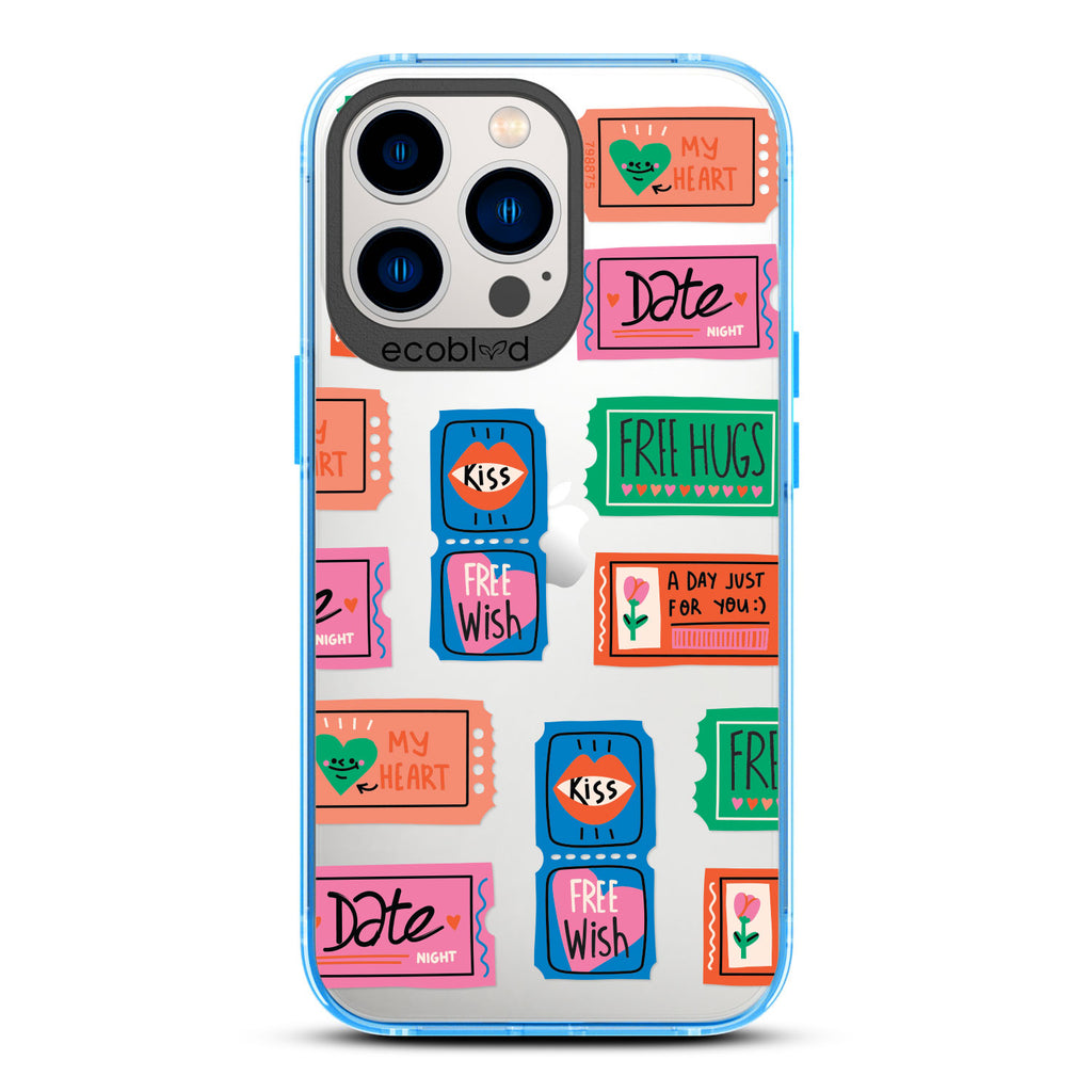 Love Collection - Blue Compostable iPhone 13 Pro Case - Coupons For Date Night, A Free Kiss, & More On A Clear Back