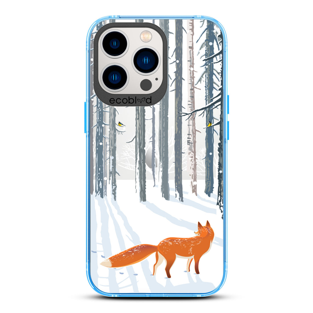 Winter Collection - Blue Compostable iPhone 12 & 13 Pro Max Case - Orange Fox Trails Pawprints In Snowy Woods On Clear Back