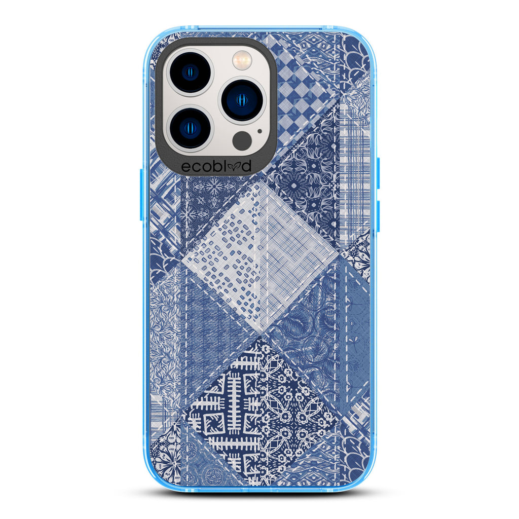Spring Collection - Blue Compostable iPhone 12/13 Pro Max Case - Patchwork Blue Denim With Paisley Patches On A Clear Back
