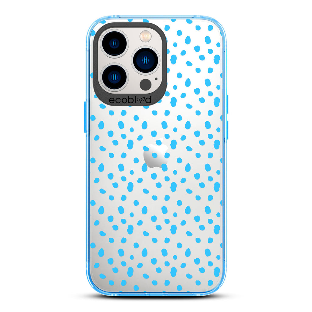 Timeless Collection - Blue Laguna Compostable iPhone 13 Pro Case With A Polka Dot Pattern On A Clear Back