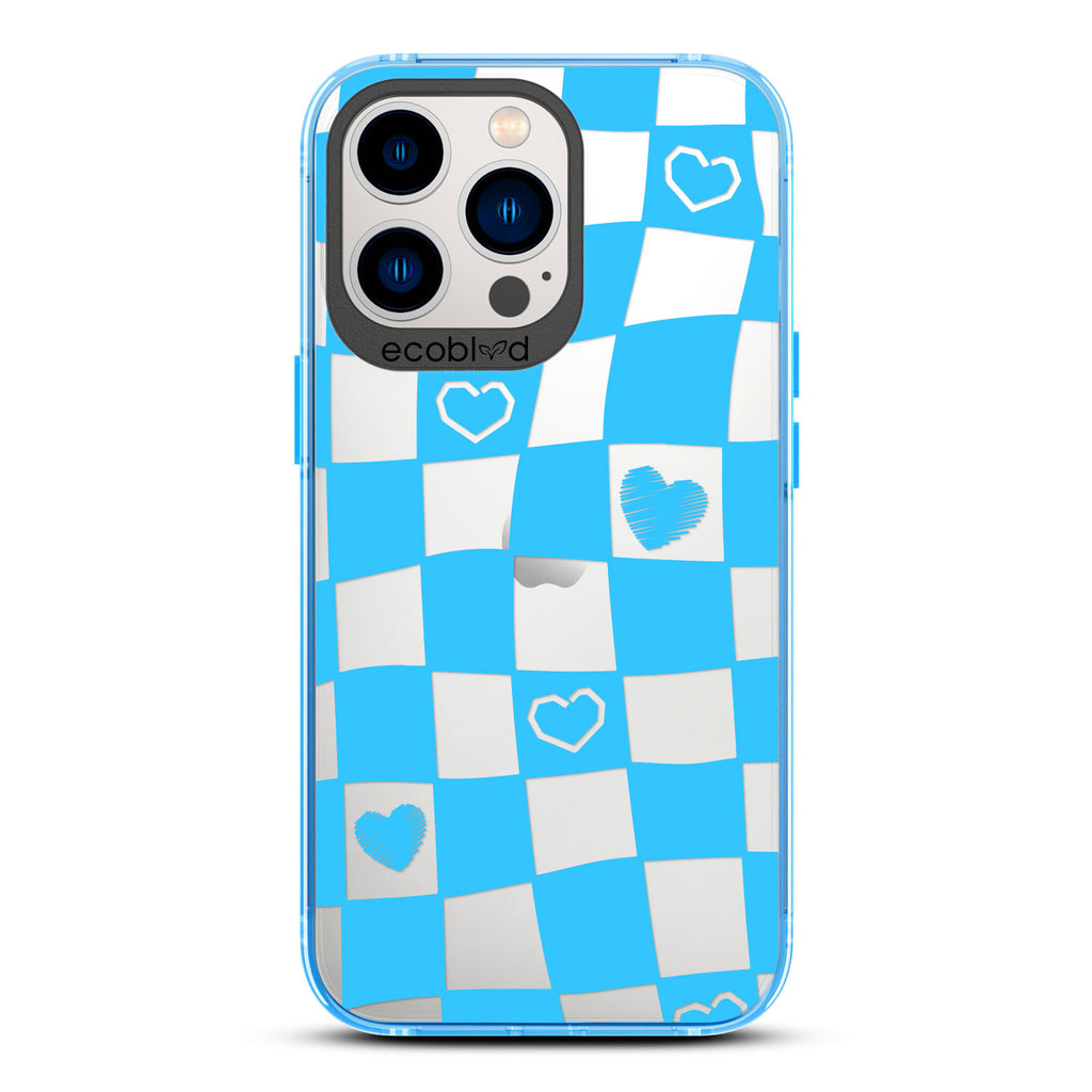 Love Collection - Blue Compostable iPhone 12/13 Pro Max Case - Wavy Checkered Print & Scribbled Hearts On A Clear Back