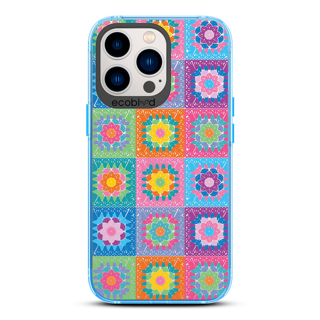 All Squared Away - Pastel Vintage Granny Squares Crochet - Eco-Friendly Clear iPhone 12/13 Pro Max Case With Blue Rim 