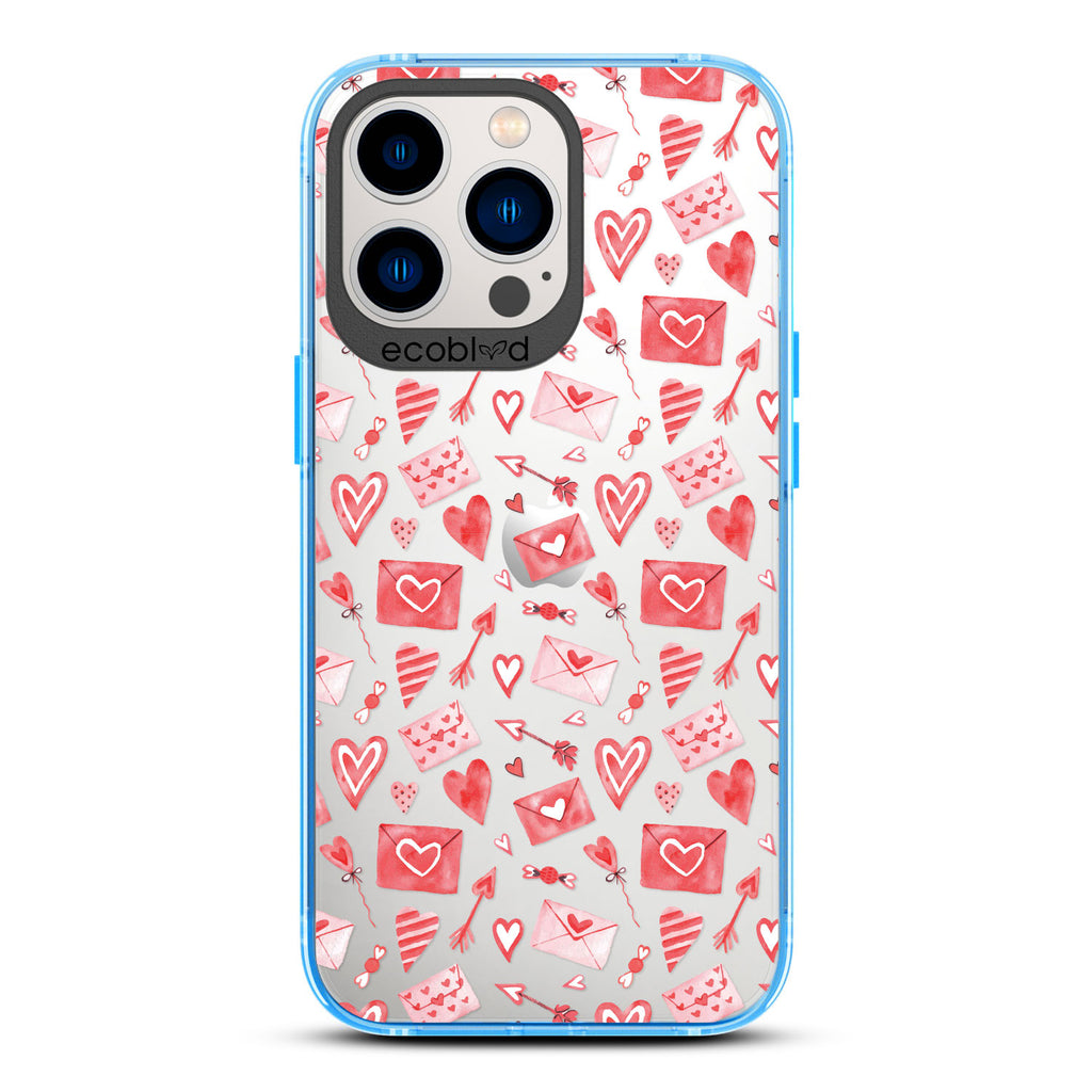 Love Collection - Blue Compostable iPhone 13 Pro Case - Red & Pink Love Letter Envelopes, Hearts & Arrows On Clear Back