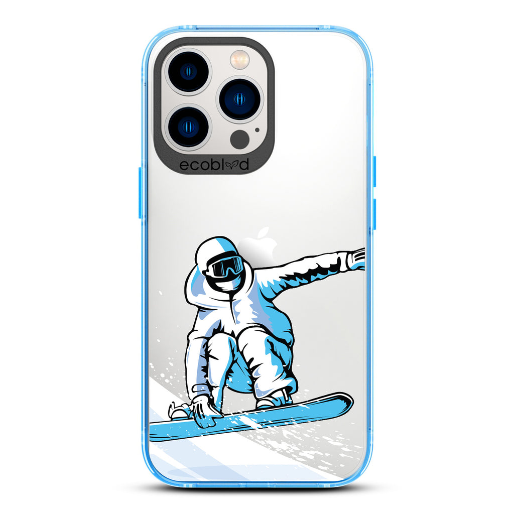 Winter Collection - Blue Eco-Friendly iPhone 12 & 13 Pro Max Case - A Snowboarder Jumps Holding The Board On A Clear Back