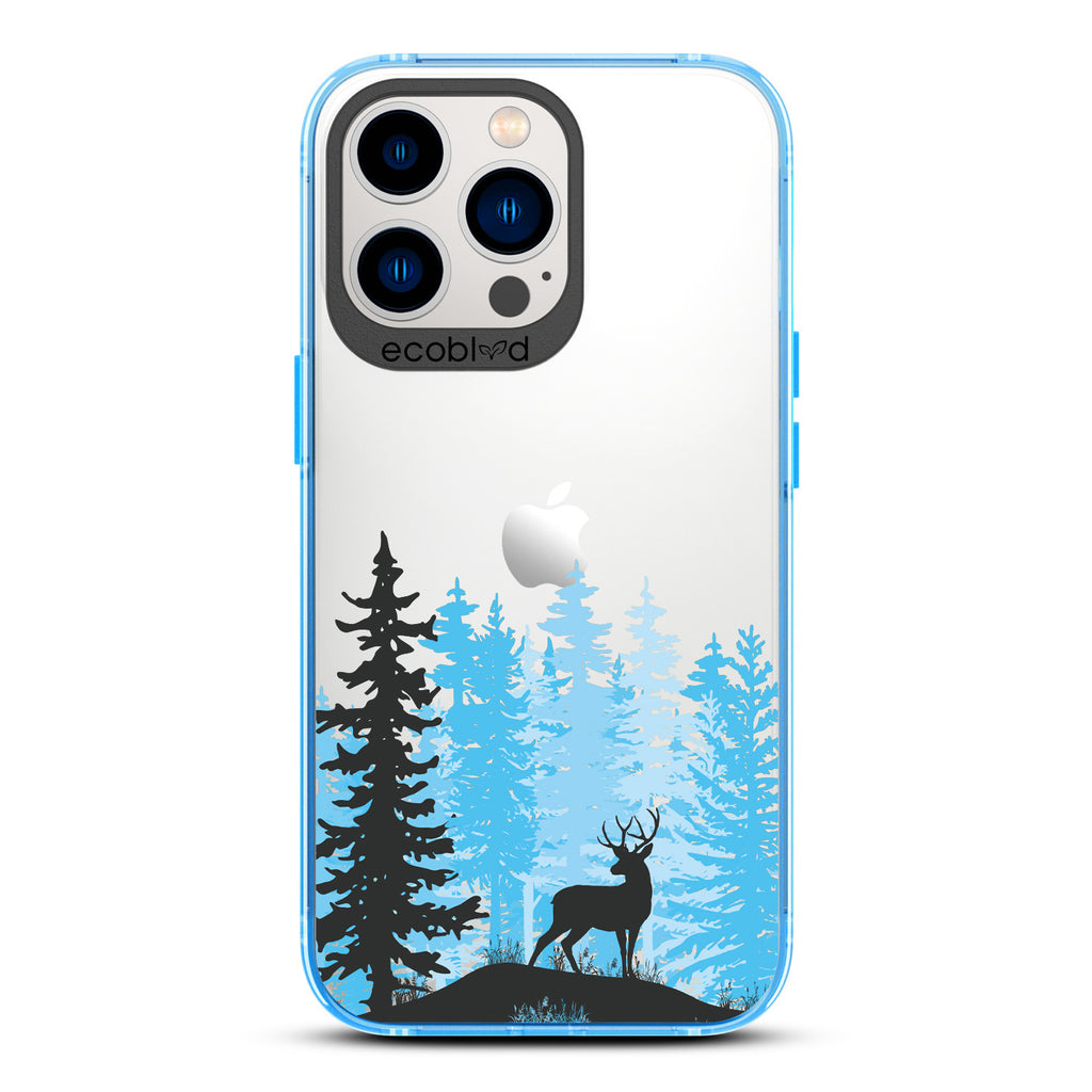 Winter Collection - Blue Compostable iPhone 12 & 13 Pro Max Case - Wild Stag Standing On Boulder In The Woods On Clear Back
