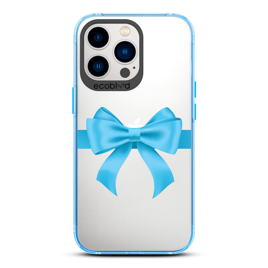 Winter Collection - Blue Eco-Friendly Laguna iPhone 13 Pro Case With A Blue Gift Bow Printed On A Clear Back