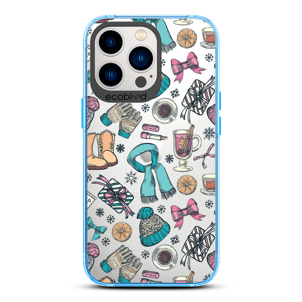 Winter Collection - Blue Compostable iPhone 13 Pro Case - Warm Drinks & Various Winterwear Staples On A Clear Back